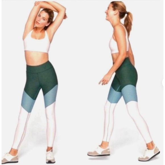 Outdoor Voices Pants - OUTDOOR VOICES WOMEN'S COLORBLOCK LEGGINGS GREEN BLUE WHITE STRETCH - Sz‎ LARGE